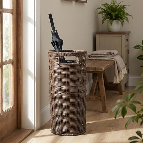 Rattan Umbrella Holder for Entryway with Drip Tray, Round Umbrella Stand for Indoor & Outdoor, Tall Wicker Basket for Storage, Woven Organizer for Home, Office, Hotel, Shop, Brown