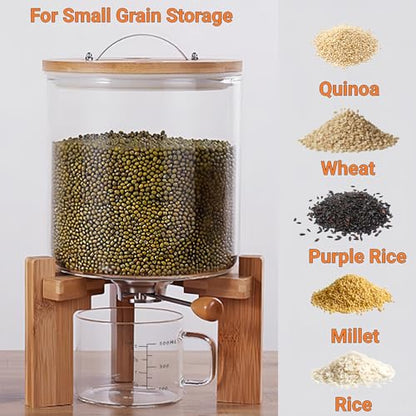 5L Glass Rice Dispenser, Cereal Container with Bamboo Stand, Large Airtight Food Storage Bin, Rice Organization Tank with Measuring Cup for Grain Coffee Beans Dry Food