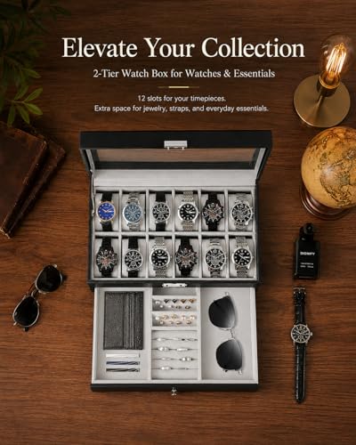 GUKA Watch Box Organizer for Men Gift, 12 Slot Watch Case with Glass Lid, 2 Tier Leather Watch Display Storage Box for Watches, Jewelry, Rings, Sunglasses & Accessories