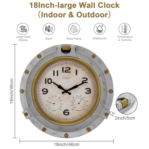 18 Inch Large Outdoor Wall Clock, Thermometer Hygrometer | Waterproof design, silent lightweight build, large easy-read numbers, vintage style for patio, garden, porch, pool, farmhouse