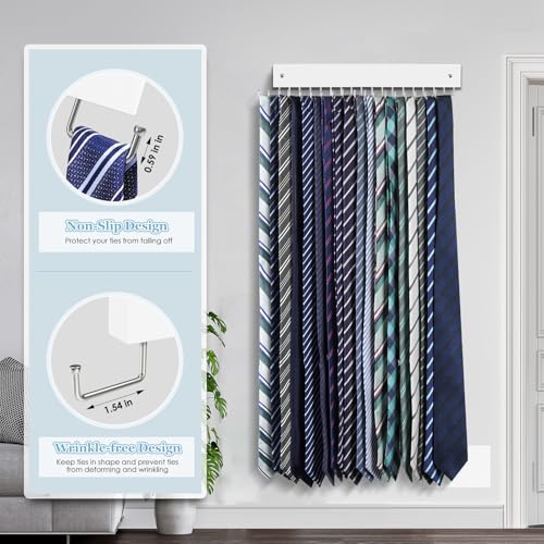 Tie Rack Belt Hanger Wall Mounted Tie Organizer White 2 Pack | Wooden Tie Hangers, 180° Swivel with 18 Hooks, Non Slip, Wrinkle-Free, Easy Access, Space Saving Holder for Tie Belts Scarves