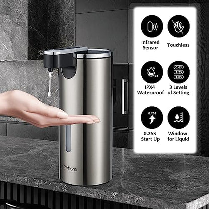 Automatic Soap Dispenser, Automatic Liquid Soap Dispenser Touchless, 12oz/340ml, 3-Level Adjustable, Battery Operated, Water-Resistant for Bathroom, Kitchen and School, Clog-Free, Stainless Steel