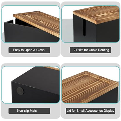 Large Cable Management Box, Wooden Cord Organizer Box for Desk, Floor, Office to Hide Extension Cords Power Stripes Surge Protectors Chargers Wires, Black