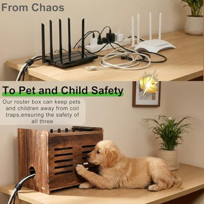 Upgraded Wood Router Box Hider Shelf, Retro Vintage Wifi Router Storage Modem Power Strip, 16 Inch Fits Most Routers, Easy Install Cable Management Home Office Organizer