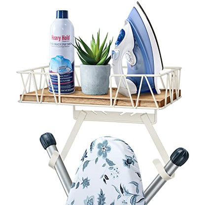 TJ.MOREE Ironing Board Hanger Wall Mount - Laundry Room Decor Iron and Ironing Board Holder with Large Storage Wooden Base Basket and Removable Hooks(T&V Shaped) Cream