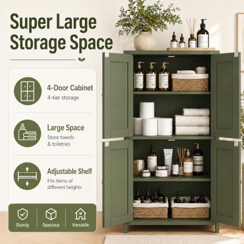 Nuturelly Bathroom Floor Storage Cabinet, 4 Doors, Anti-Tip, Pale Green | 23.7"D x 11.9"W x 42.6"H, Adjustable Shelves, Shaker style, 5-position Shelves, Rounded Corners, Easy Assembly