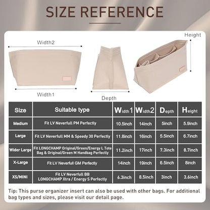 Purse Organizer Insert for Handbags & Base Shaper 2pc Set, Felt Neverfull MM Organizer Insert, Tote Bag Organizer with Zipper Pocket and Bottle Holder, Fit Speedy 30 Neverfull MM and More,Beige-L