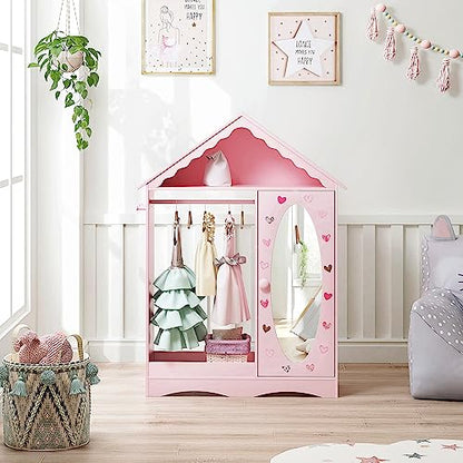 UTEX Dollhouse Kids Dress Up Wardrobe with Storage Cabinet and Mirror | Open Hanging Costume Organizer, Kids Wardrobe Closet, Water-based Paint for Kids Room, Playroom, Pink