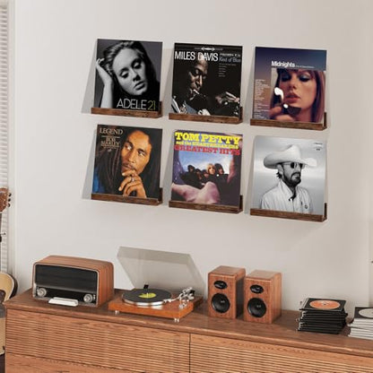 Vinyl Record Shelf Wall Mount, Pack of 6 Floating Shelves for Wall | 12 inch Wooden Album Record Holder Display for Wall, Magazine Rack, Kids Bookshelf for Bedroom, Living Room, Rustic Brown