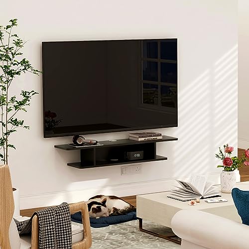 Floating TV Stand, Wall Mounted Entertainment Center and Cabinet Shelf, TV Console with Storage, Media Console for DVD Player, Space-Saving Under TV Shelf for Bedroom, Living Room (Black)