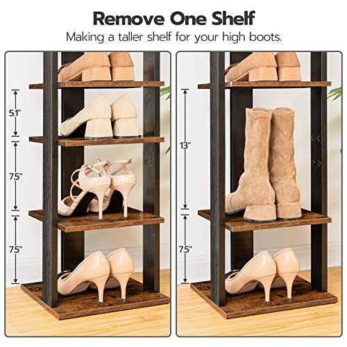 HOOBRO 8 Tiers Vertical Shoe Rack, Wooden Shoe Storage Organizer with Hooks, Narrow Shoe Tower for 8 Pairs, Space Saving, for Entryway, Living Room, Bedroom, Rustic Brown BF07XJ01G1