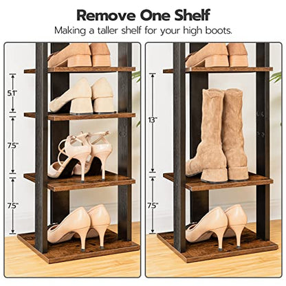 HOOBRO 8 Tiers Vertical Shoe Rack, Wooden Shoe Storage Organizer with Hooks, Narrow Shoe Tower for 8 Pairs, Space Saving, for Entryway, Living Room, Bedroom, Rustic Brown BF07XJ01G1