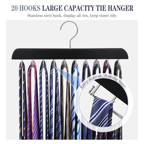 2PC Tie Rack Organizer, Tie Hanger for Closet with 20 Foldable Hooks, Black | Non Slip Neck Tie Organizer, Large Capacity, Space Saving, 360° Rotating Hook, Fits for Tank Tops Bras Cami Scarves