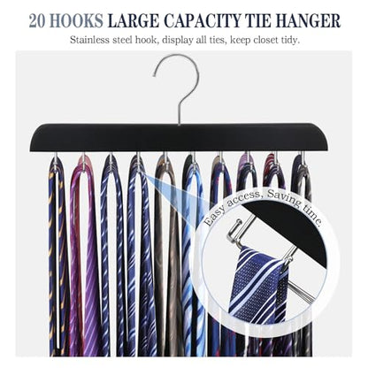 2PC Tie Rack Organizer, Tie Hanger for Closet with 20 Foldable Hooks, Black | Non Slip Neck Tie Organizer, Large Capacity, Space Saving, 360° Rotating Hook, Fits for Tank Tops Bras Cami Scarves