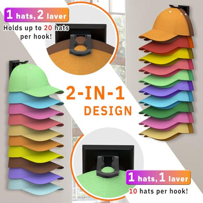 Hat Organizer for Baseball Caps, 2 Pack Hold Up to 40 Hats | Hat Rack for Wall Space Saving, Hat Hanger w/Strong Adhesive Hat Storage Holder Display for Closet Door and Wall (Black)