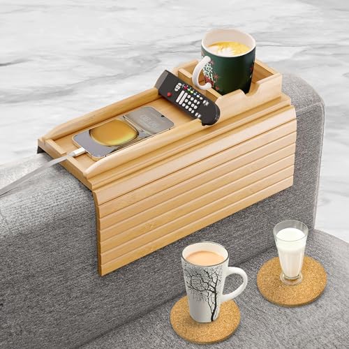 Bamboo Couch Cup Holder, 2 Cork Coasters, Anti-Slip Foldable Couch Arm Tray | 2 in 1 Foldable Sofa Arm Tray, Couch Armrest Table, Anti-Spill Couch Arm Table for Drinks TV Remote Cellphone Snacks