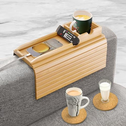 Bamboo Couch Cup Holder, 2 Cork Coasters, Anti-Slip Foldable Couch Arm Tray | 2 in 1 Foldable Sofa Arm Tray, Couch Armrest Table, Anti-Spill Couch Arm Table for Drinks TV Remote Cellphone Snacks