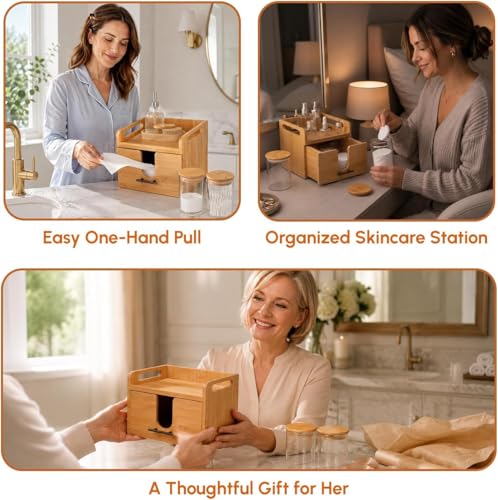 Vespara Bamboo Disposable Face Towel Holder with Drawer 2 Glass Jars, Facial Towel Holder for Vanity Organizer, Skincare Organizer for Clean Skin Club Face Towels Dry Wipes Cleansing Bathroom Counter