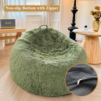 XeGe Comfy Bean Bag Cover(No Filler), Fluffy Stuffed Animal Storage Bean Bag Chair Cover for Bedroom Home Decor, Furry Fuzzy Bean Bag Cover for Adults Teens Kids, 100% Polyester, Anti-slip, Sage Green