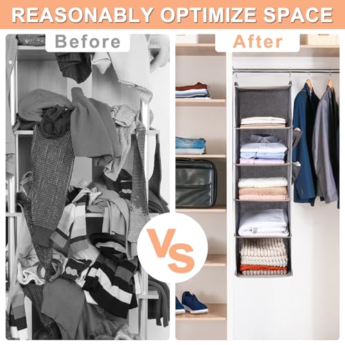 BOOMIBOO Hanging Closet Organize and Shelves,5-Hanging Shelf（2 Pack,Grey） | Dorm Room Essentials, Clothes Organizer with 2 Side Pockets, Hanging Shelves for Closet Storage, Breathable Fabric
