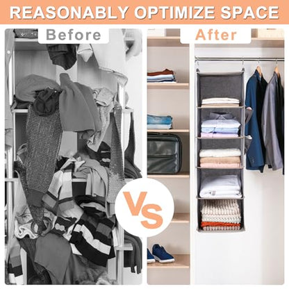 BOOMIBOO Hanging Closet Organize and Shelves,5-Hanging Shelf（2 Pack,Grey） | Dorm Room Essentials, Clothes Organizer with 2 Side Pockets, Hanging Shelves for Closet Storage, Breathable Fabric
