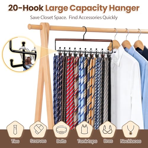2PC Tie Belt Rack Hanger for Closet, Wood Tie Holder Organizer with 20 Hook | Upgraded 2-in-1 Tie and Belt Hanger Organizer, Large Capacity, 360° Rotating Hook, Non Slip, Space Saving, Walnut color