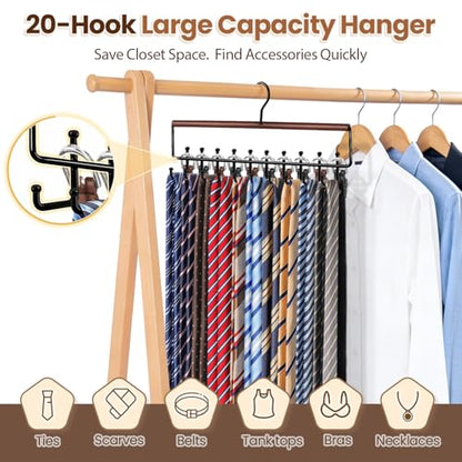 2PC Tie Belt Rack Hanger for Closet, Wood Tie Holder Organizer with 20 Hook | Upgraded 2-in-1 Tie and Belt Hanger Organizer, Large Capacity, 360° Rotating Hook, Non Slip, Space Saving, Walnut color