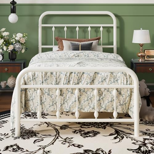 SHA CERLIN Twin Metal Bed Frame with Victorian Iron-Art Headboard, Cream | Victorian Iron-Art Headboard and Footboard, Easy Assembly, Under Bed Storage, No Box Spring Required