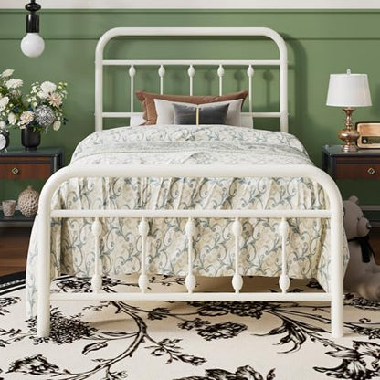 SHA CERLIN Twin Metal Bed Frame with Victorian Iron-Art Headboard, Cream | Victorian Iron-Art Headboard and Footboard, Easy Assembly, Under Bed Storage, No Box Spring Required