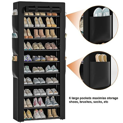 Large Shoe Rack, Black, 6 Side Pockets, 23.6" Wide x 11.4" Deep x 68.9" Tall, 36-41 Pairs of Shoes | Space Saving Fabric Cover Shoe Organizer Shelf for Closet, Bedroom, Garage, Entryway, Narrow Free Standing Cabinet Holder