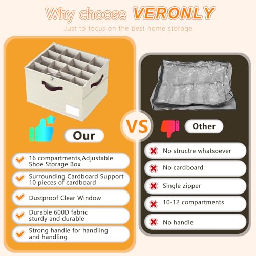 2 Pack Large Shoe Organizer for Closet, Adjustable Dividers Shoe Storage Bins Boxes, Foldable Shoe Holder Cube Containers with Clear Cover for Men’s Shoes, High Heel,Sneaker,Slippers,Boots(Beige)