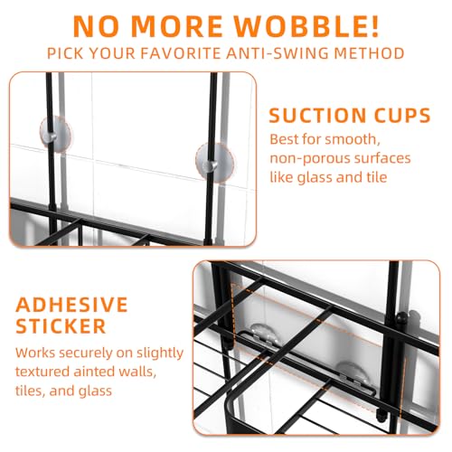 Haging Shower Caddy for Handheld Showerheads,Over Head Shower organizer | Rustproof,Soap Dish,Hooks,Toothbrush Holder,Anti-Swing Adhesive Strip &Suction Cup,For Bathroom,Apartment,RV,Dorm Use,Black