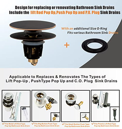 Universal Bathroom Sink Drain Stopper, Fits Most Pop-Up Drains for Vessel Sink Lavatory Vanity, Sink Drain Strainer with Detachable Hair Catcher, Tested by Plumber in US (Oil Rubbed Bronze)