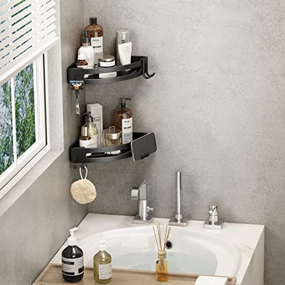 Corner Shower Caddy with Razor Holder Adhesive Shower Shelf Corner No Drilling Bathroom Corner Shower Organizer Storage Rack (2-Pack, Black)
