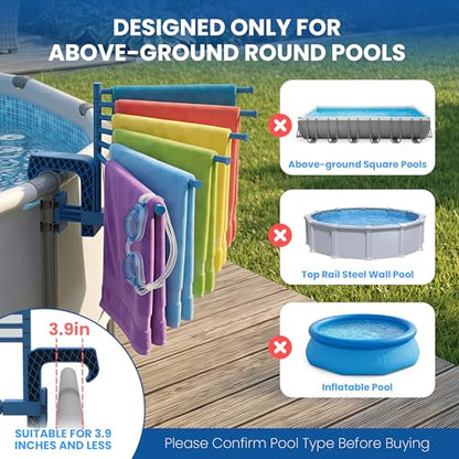 Poolside Pool Towel Rack Outdoor for Above Ground Round Pools, Stainless Steel Swivel Pool Towel Holder 6 Bars Towel Dying Rack Towel Stand for Above Ground Pool Accessories [Patent Pending]