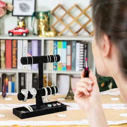 ByKen Necklace Holder,Bracelet Holder,Jewelry Organizer Stand with Earrings Rings Tray,Jewelry Holder for Scrunchie Watches (Black Velvet)
