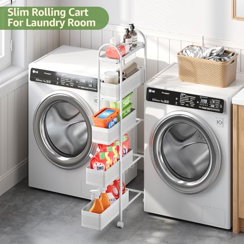 KINGRACK 5 Tier Slim Rolling Cart with Drawer, Metal Utility Storage Cart | 4 Pull-out Baskets, Lockable Wheels, Narrow Space Trolley Organizer for Bathroom, Kitchen, Office, Dorm, Laundry Room, White