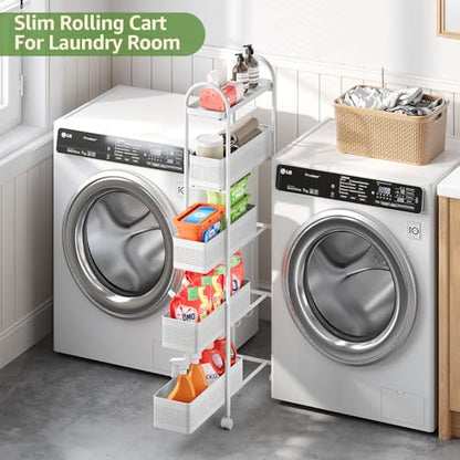 KINGRACK 5 Tier Slim Rolling Cart with Drawer, Metal Utility Storage Cart | 4 Pull-out Baskets, Lockable Wheels, Narrow Space Trolley Organizer for Bathroom, Kitchen, Office, Dorm, Laundry Room, White