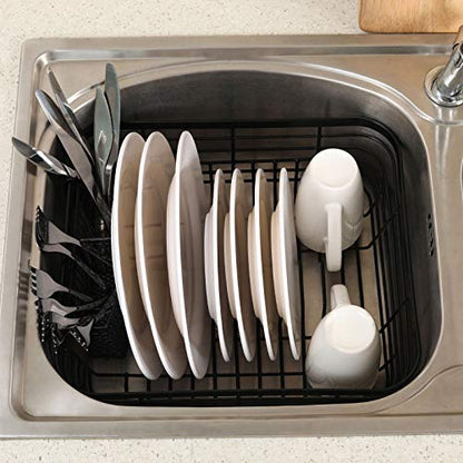 Kitchen Dish Drainer Rack with Drying Board and Full-Mesh Silverware Utensils Holder, Black