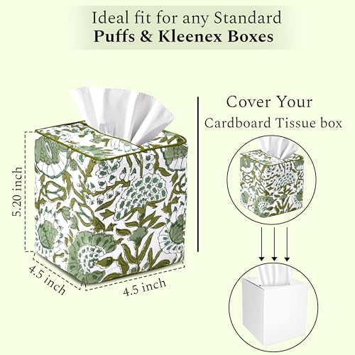 CPC Agate Green Hand Block Printed Cotton Tissue Box Cover 5" x 5" x 5.5" Square Soft Reusable Boho Napkin Holder for Home Kitchen Dining Bathroom Office Cafe Spa, Gift for Spring, Mother's Day