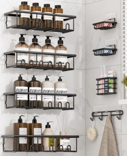 8 Pack Adhesive Rustproof Shower Caddy with Soap Dishes, Toothbrush Holder & Hooks, Large Capacity No-Drilling Shower Shelves Rack for Bathroom Organizers and Storage Accessories, Black
