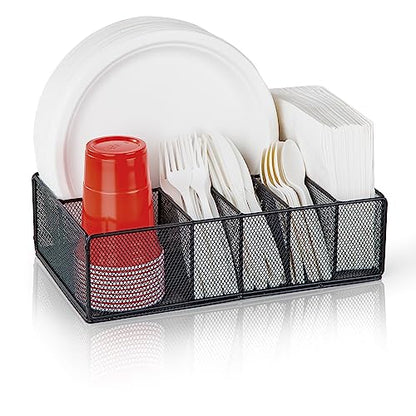 Paper Plate Organizer for Countertop, Metal Silverware Caddy for Cup, Napkin, Fork, Spoon, Paper Plate and Utensil Holder, Cutlery Caddy for Party, Camping, Picnic (Black)