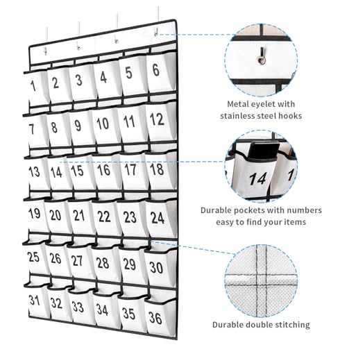 SAVERHO 36 Pockets Numbered Classroom Pocket Chart for Cell Phones, Hanging Pocket Chart Storage for Classroom Phone Calculator Holder with 4 Stainless Steel Hooks (White-36pockets)