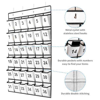 SAVERHO 36 Pockets Numbered Classroom Pocket Chart for Cell Phones, Hanging Pocket Chart Storage for Classroom Phone Calculator Holder with 4 Stainless Steel Hooks (White-36pockets)