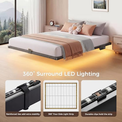 Floating Bed Frame Queen Size, 10" Comfort Height, 4-Side Underbed RGB LED Lights & Charging Station, Metal Platform Bed No Box Spring Needed, Noise-Free, Sturdy 1000lbs Support for Bedroom