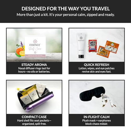 Essence Travel Amenity Kit | Travel Essentials & Travel Size Toiletries Kit | 5-Pack Nasal Diffuser Rings, Sleep Mask, Lotion & Hygiene Kit | Travel Toiletry Kit for Women | Black Case