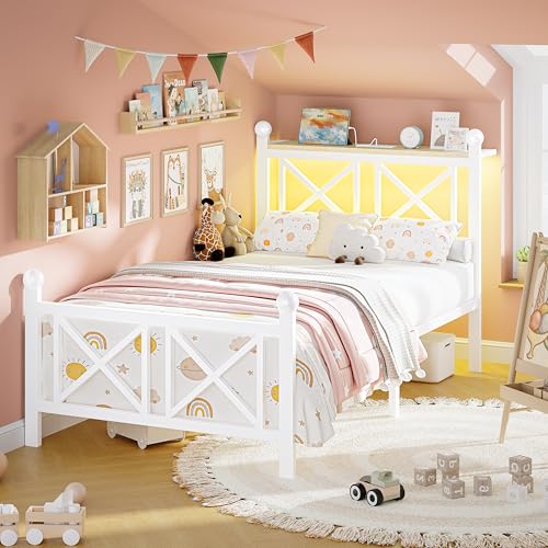 DynJest Twin White Bed Frame with Headboard and Footboard, Storage Shelf with LED Lights and Charging Station, Strong Metal Slats Support, No Box Spring Needed, Under Bed Storage, Easy Assembly