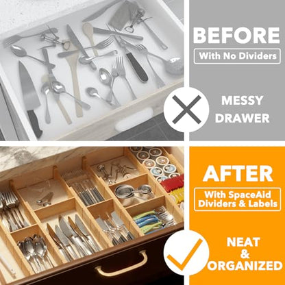 SpaceAid Bamboo Drawer Dividers with Inserts and Labels, Kitchen Adjustable Drawer Organizers, Expandable Organization for Home, Office, Dressers, 7 Dividers with 15 Inserts (17"-22" Natural)