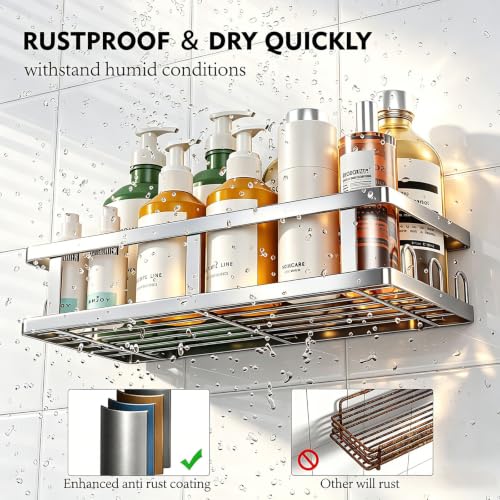 Silver Shower Caddy 6 Pack, No Drill Rustproof Adhesive Shelves | Silver Finish, Clean Organization, 6-Piece Set, No Drilling, Rust Resistant, 6 Adhesives, 24 Built-In Side Hooks