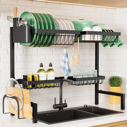 Kitsure Adjustable Over The Sink Dish Drying Rack, 26.8" -33.9"x21.5" | Sink Drying Rack for Kitchen Sink, Dish Rack Over Sink with Cutlery & Utensil Holders, Kitchen Storage, Black